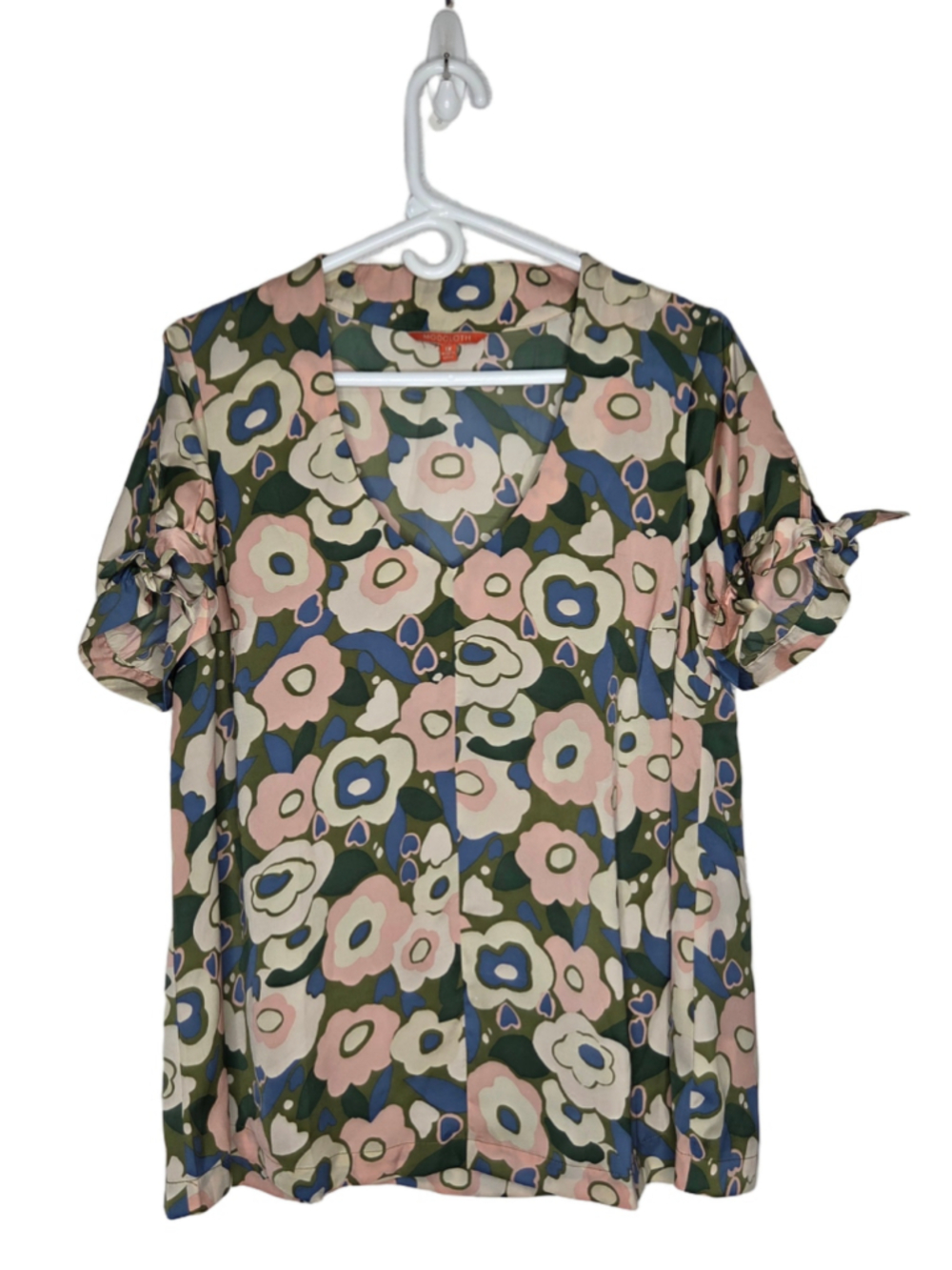 ModCloth Floral Blouse Women's Size 1X Retro Green Pink Flowers Tie Short Sleeve